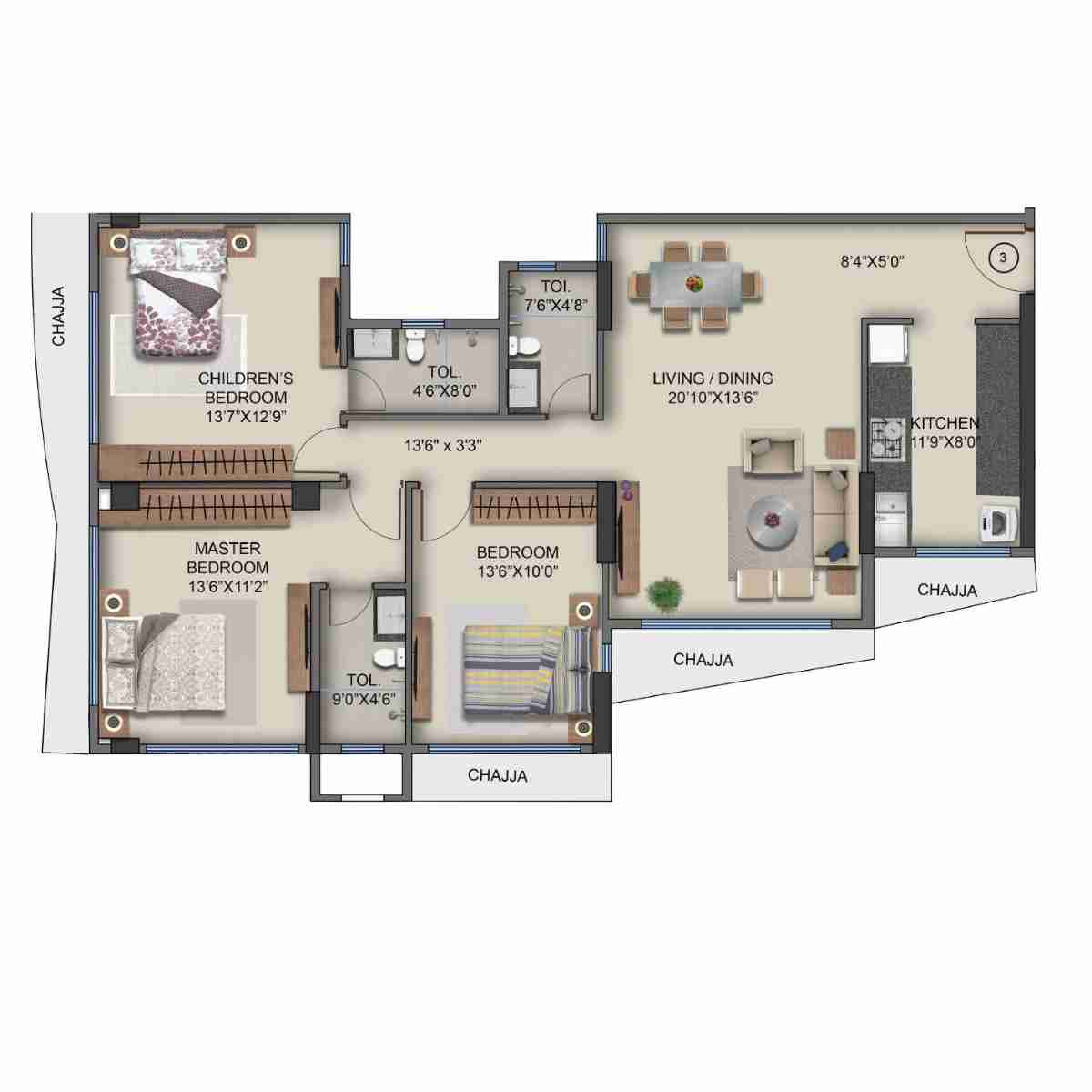 Naman-Habitat-Floor-Plan-Wing-A-3-BHK-1094-sqft